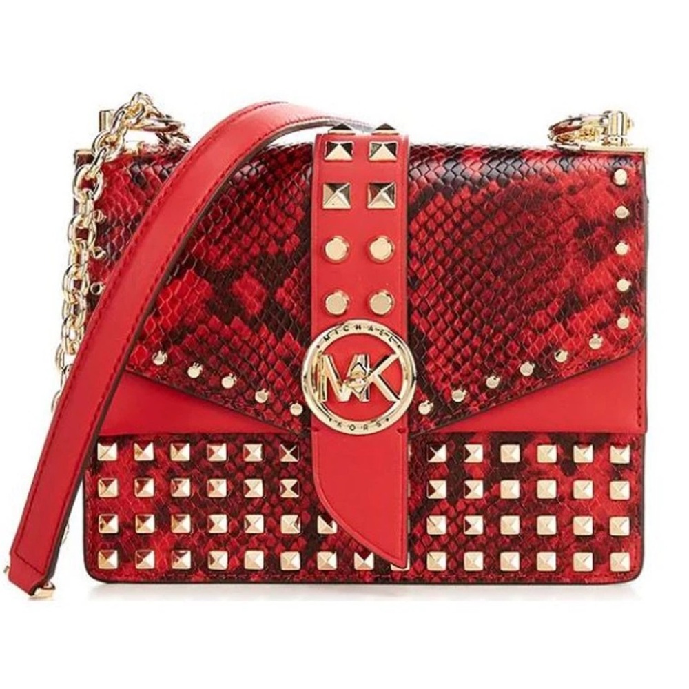 Michael Kors Red Snake-Embossed Studded Crossbody Bag
